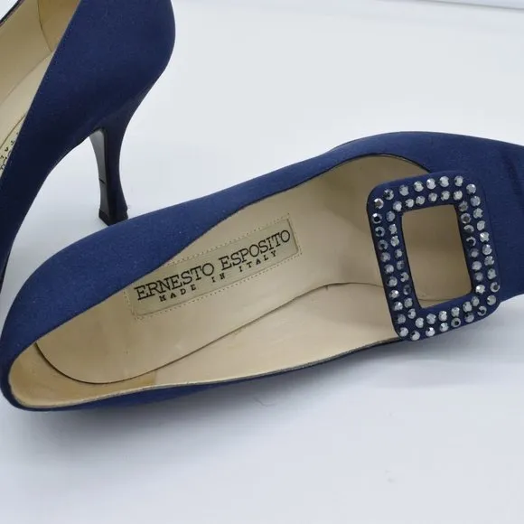 Vintage Ernesto Esposito Navy Rhinestone Buckles Satin Pumps