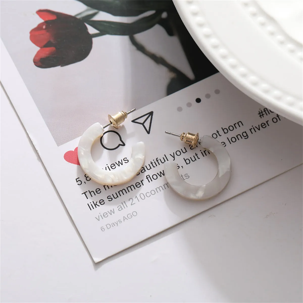 White Acrylic & 18K Gold-Plated Huggie Earrings