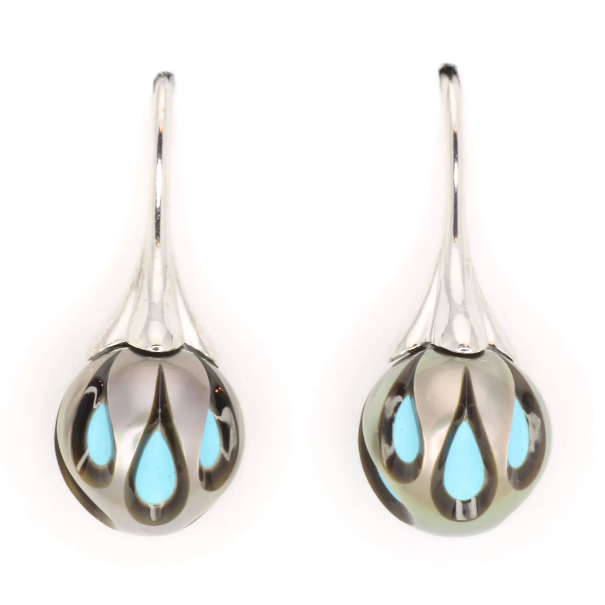White Gold Galatea Pearl Earrings, Carved Tahitian Pearls over Turquoise