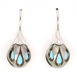 White Gold Galatea Pearl Earrings, Carved Tahitian Pearls over Turquoise