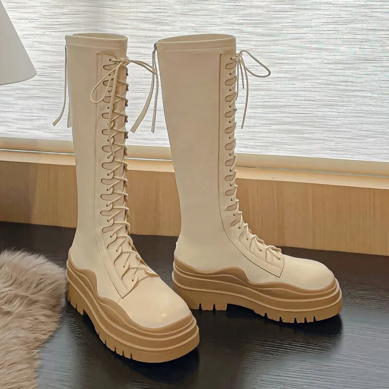 Women Elastic microfiber leather thick sole boots skinny boots