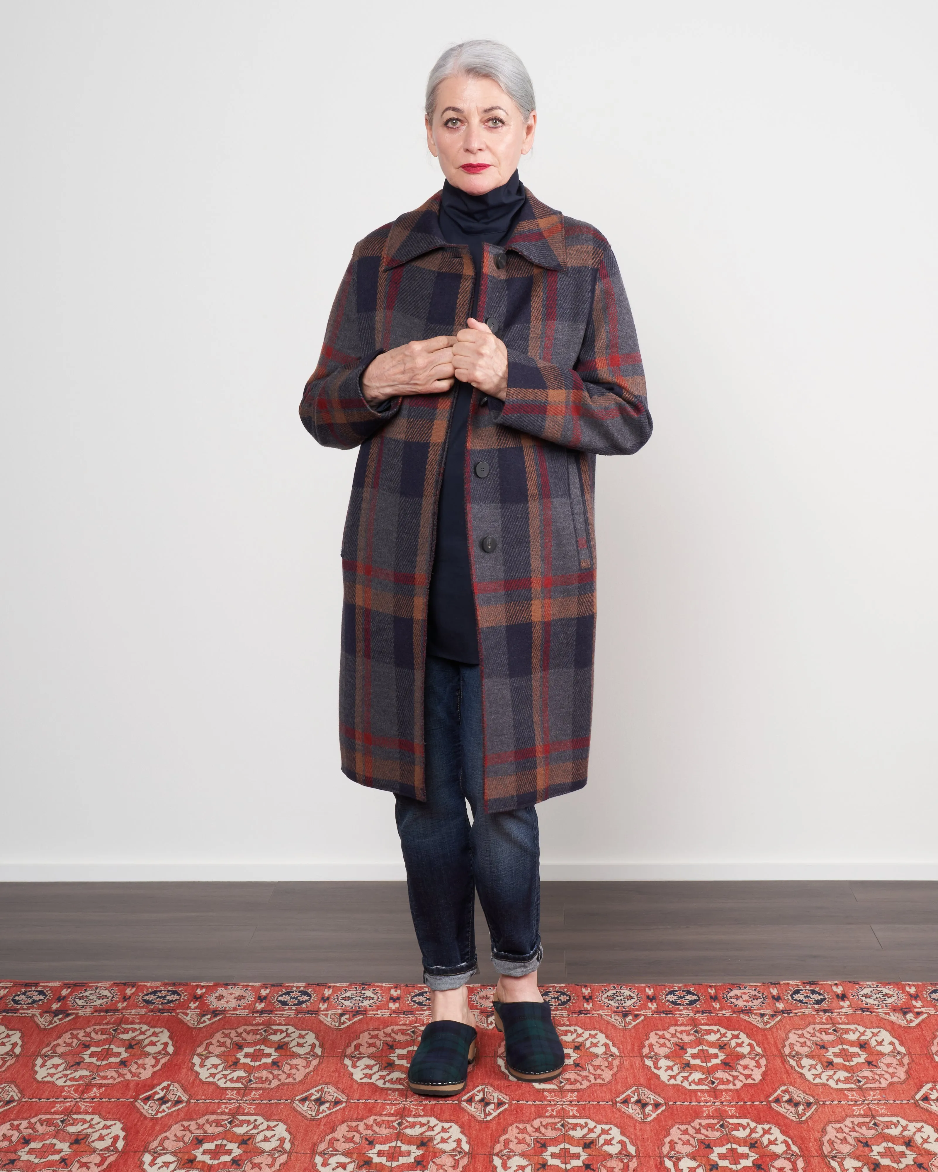 women fly front coat - grey tartan
