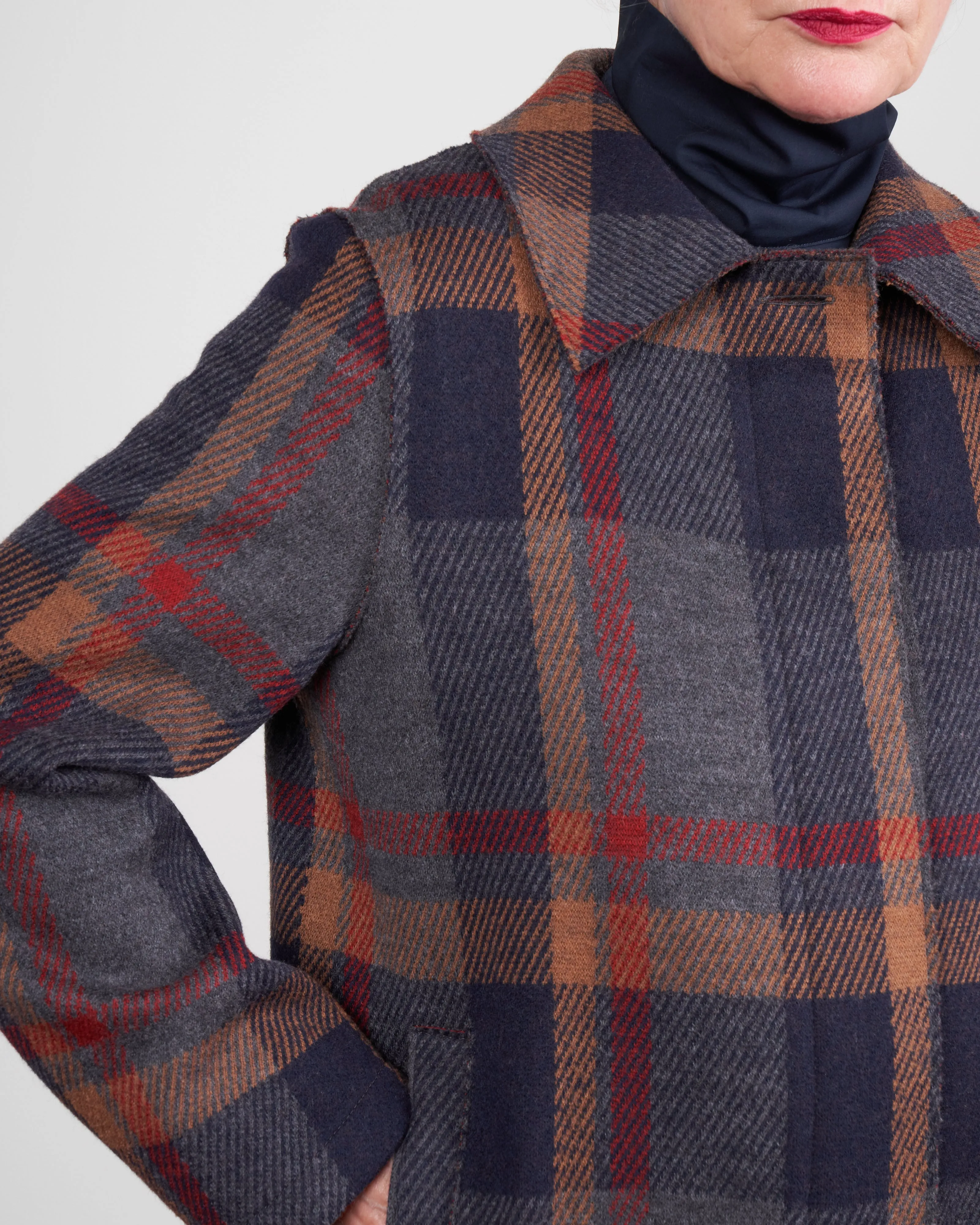 women fly front coat - grey tartan