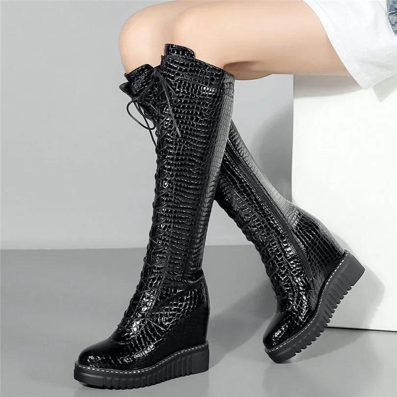 Women Wedges High Heel Knee High Military Boots Platform Pumps Shoes
