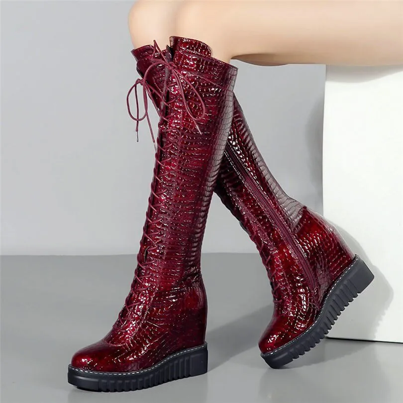 Women Wedges High Heel Knee High Military Boots Platform Pumps Shoes