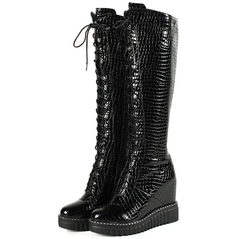 Women Wedges High Heel Knee High Military Boots Platform Pumps Shoes
