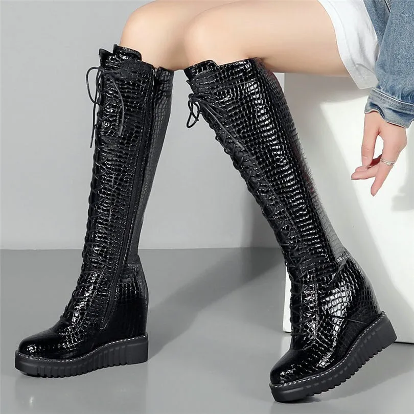 Women Wedges High Heel Knee High Military Boots Platform Pumps Shoes