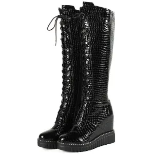 Women Wedges High Heel Knee High Military Boots Platform Pumps Shoes
