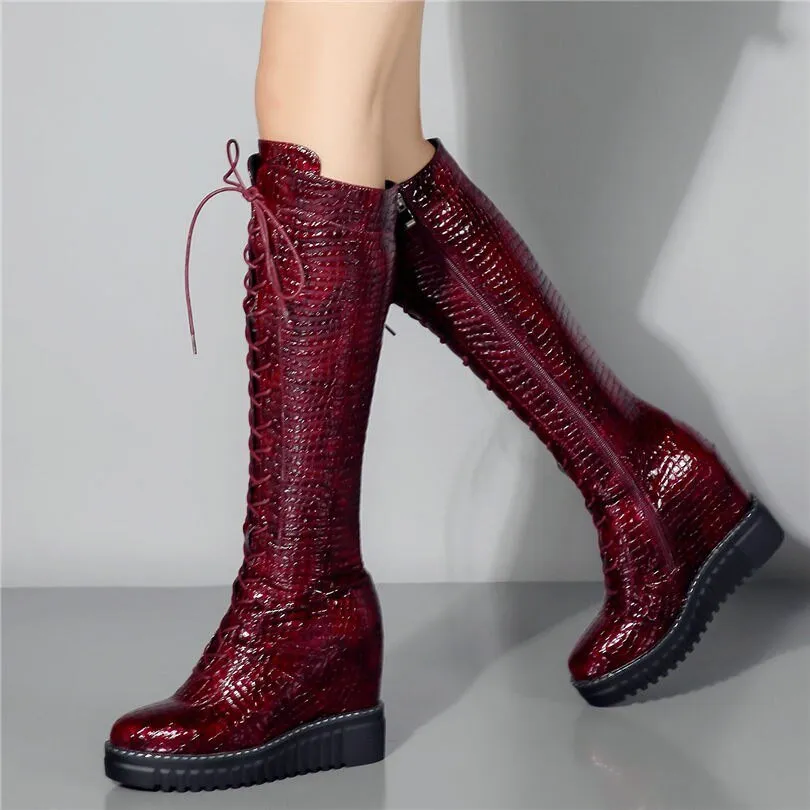 Women Wedges High Heel Knee High Military Boots Platform Pumps Shoes