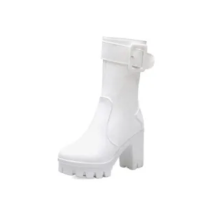 Women's Buckle Block Heel Platform Mid Calf Boots