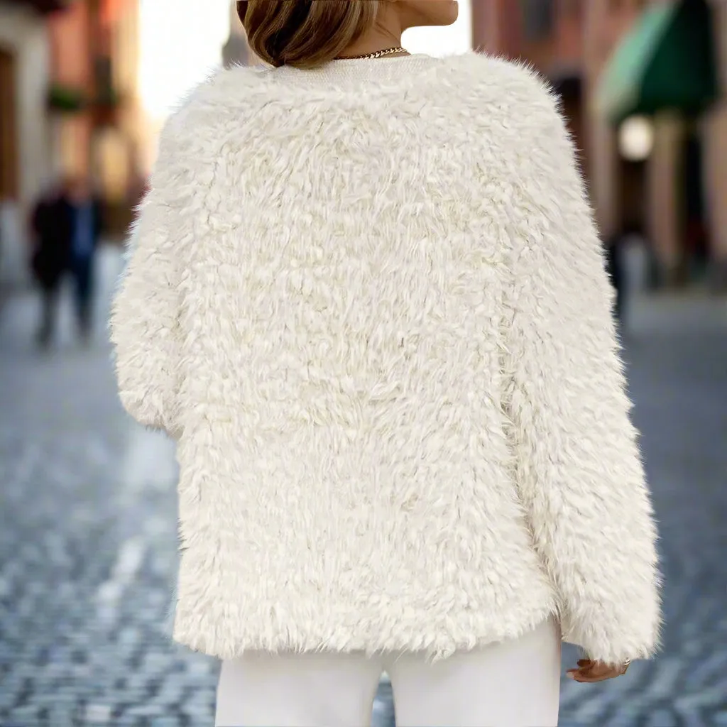 Women's Button Down Faux Fur Crew Neck Tweed Pocketed Jacket