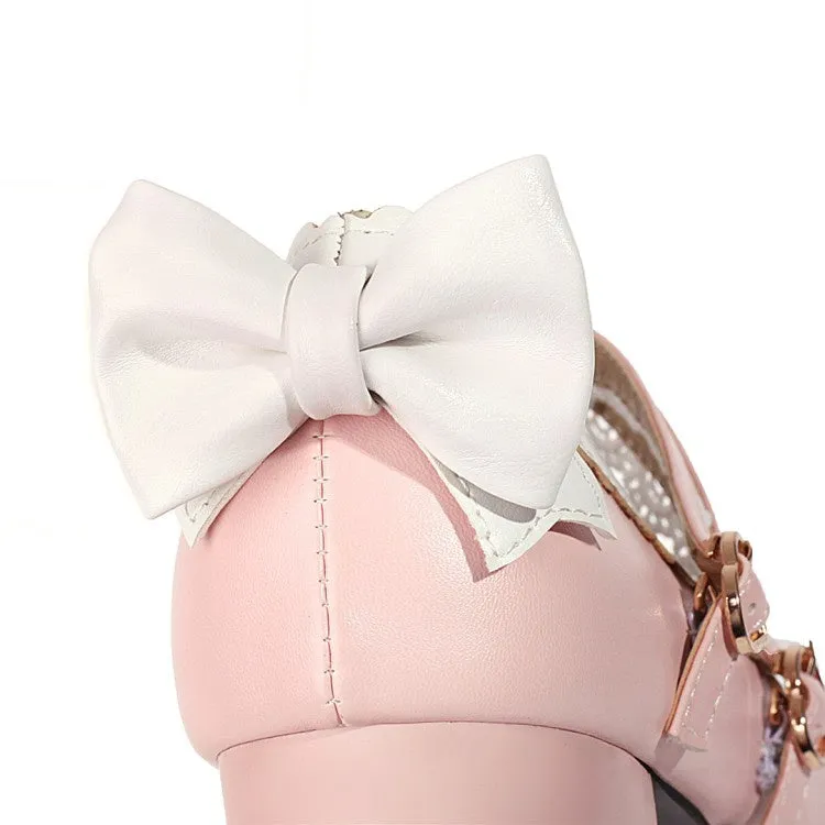 Women's Double Straps Bowtie Chunky Heel Platform Pumps