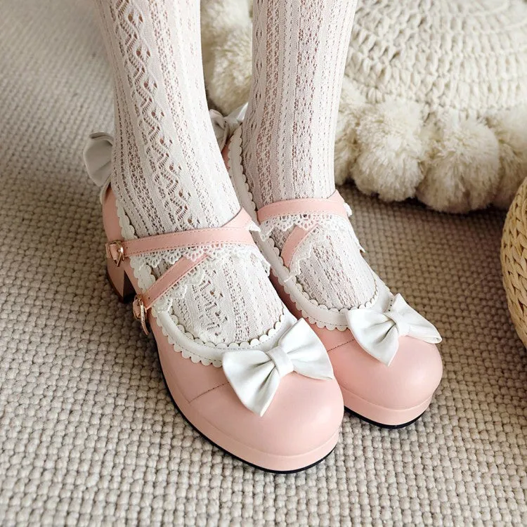 Women's Double Straps Bowtie Chunky Heel Platform Pumps