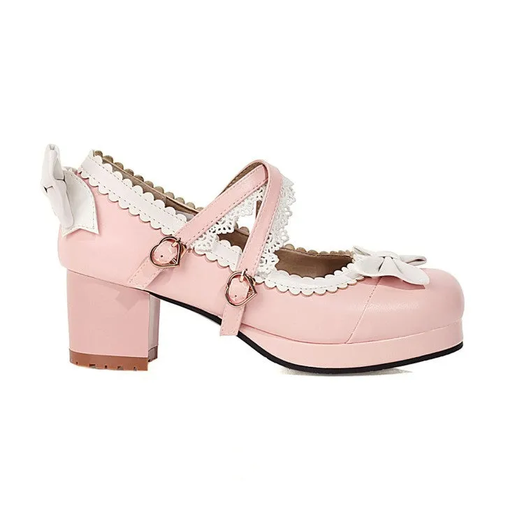 Women's Double Straps Bowtie Chunky Heel Platform Pumps