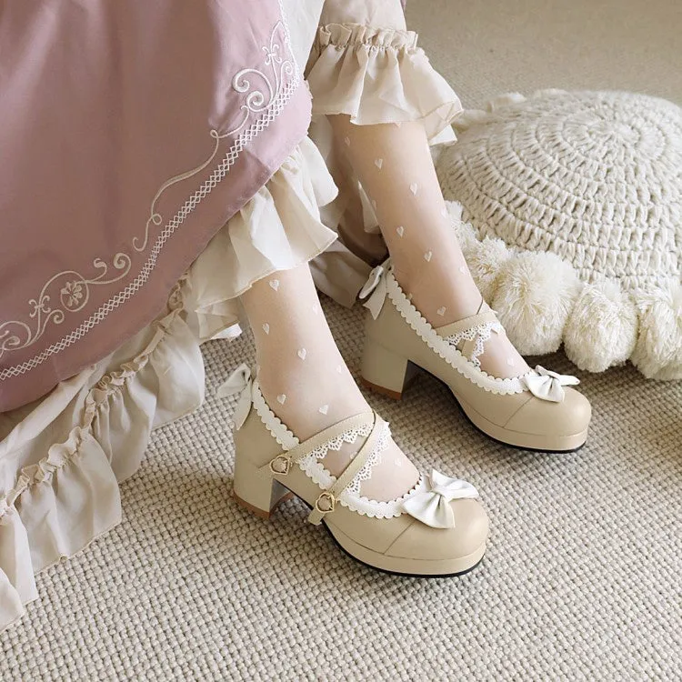 Women's Double Straps Bowtie Chunky Heel Platform Pumps