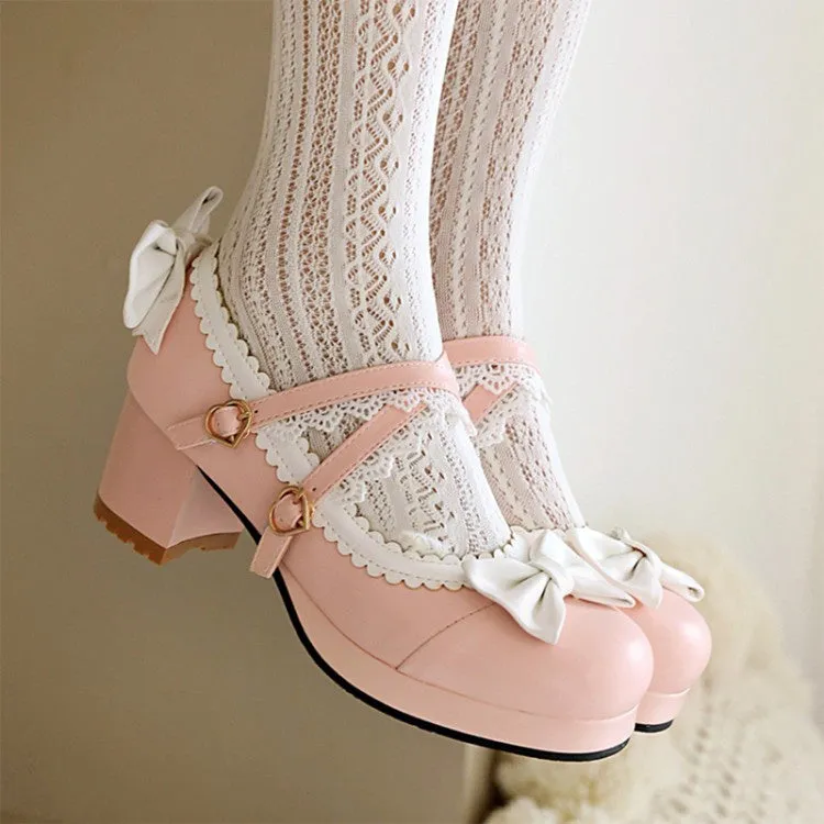 Women's Double Straps Bowtie Chunky Heel Platform Pumps