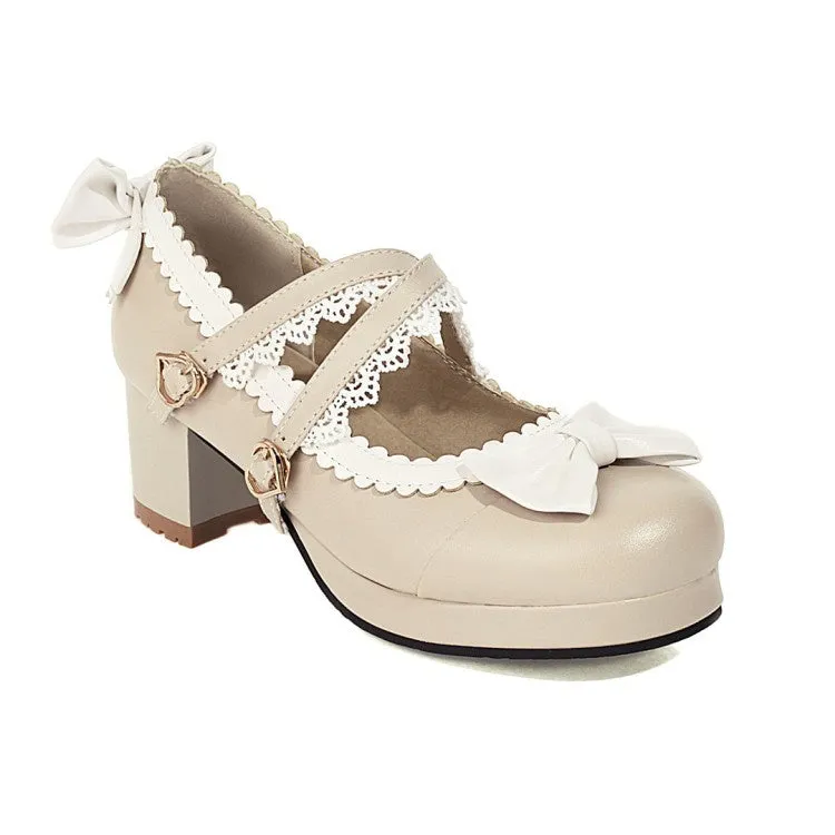 Women's Double Straps Bowtie Chunky Heel Platform Pumps