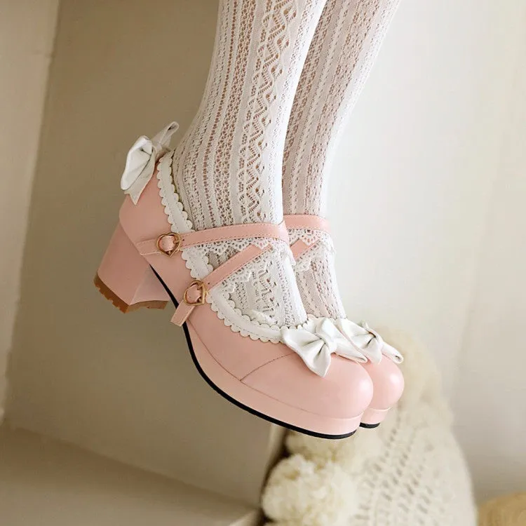 Women's Double Straps Bowtie Chunky Heel Platform Pumps