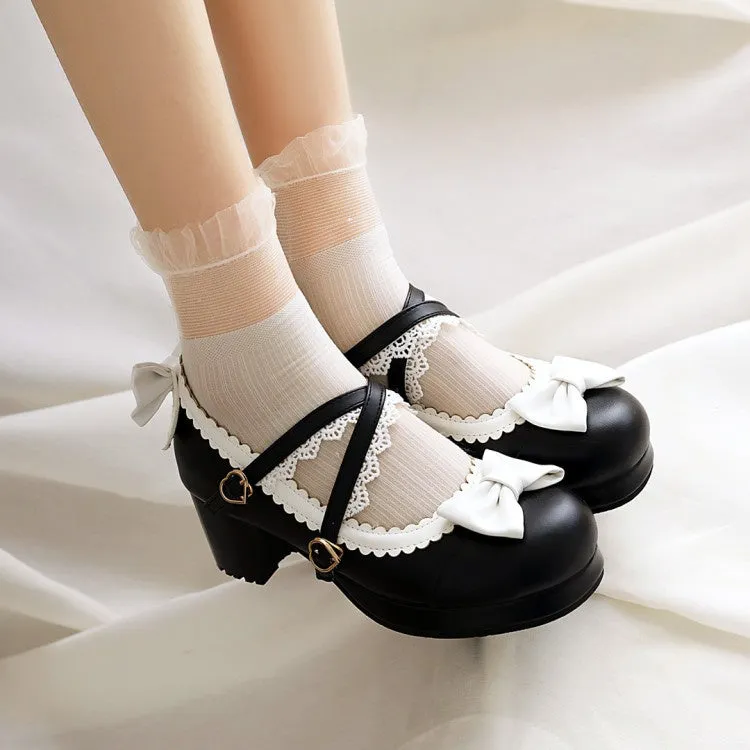 Women's Double Straps Bowtie Chunky Heel Platform Pumps