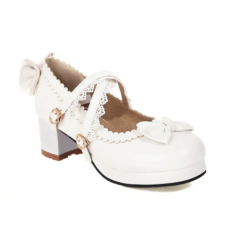 Women's Double Straps Bowtie Chunky Heel Platform Pumps