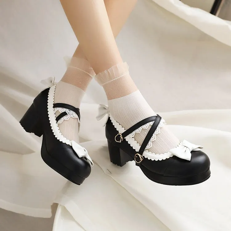 Women's Double Straps Bowtie Chunky Heel Platform Pumps