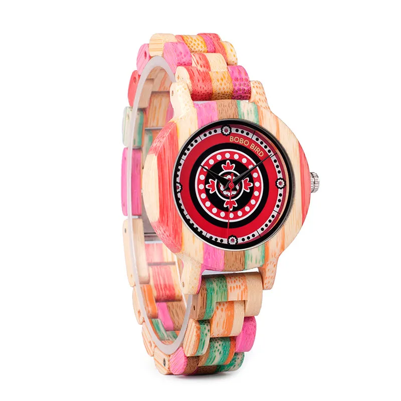 Women's Fashion Print Dial Face Colorful Bamboo Watch in Wood Gift Box
