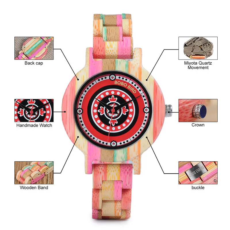 Women's Fashion Print Dial Face Colorful Bamboo Watch in Wood Gift Box