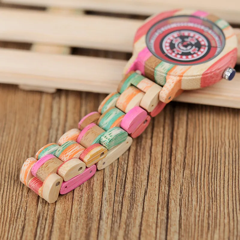 Women's Fashion Print Dial Face Colorful Bamboo Watch in Wood Gift Box