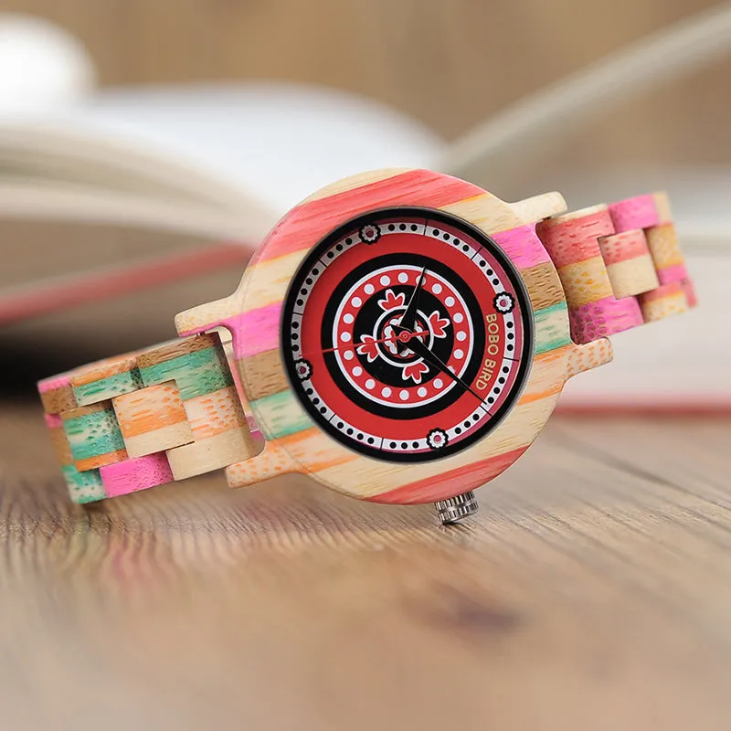 Women's Fashion Print Dial Face Colorful Bamboo Watch in Wood Gift Box