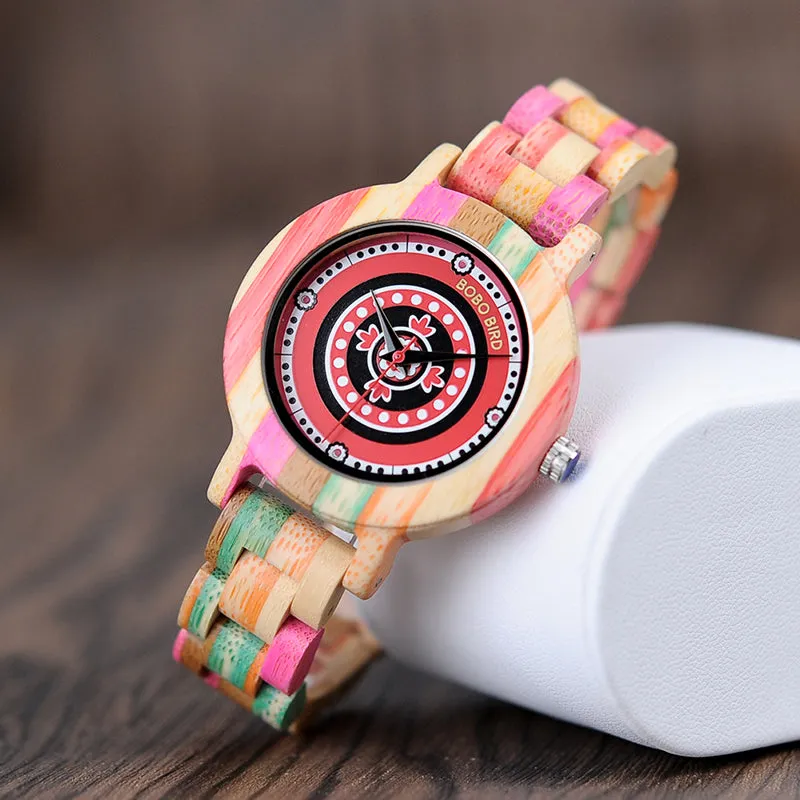 Women's Fashion Print Dial Face Colorful Bamboo Watch in Wood Gift Box