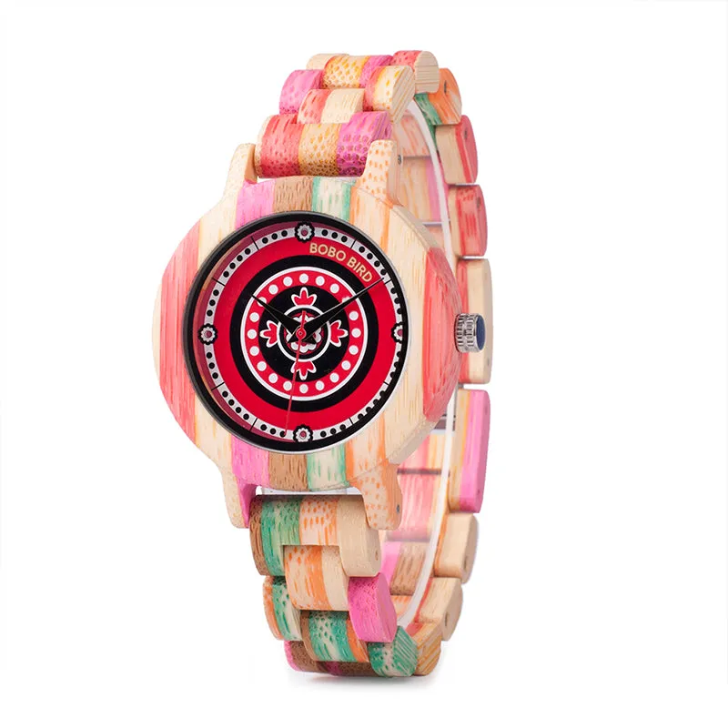 Women's Fashion Print Dial Face Colorful Bamboo Watch in Wood Gift Box