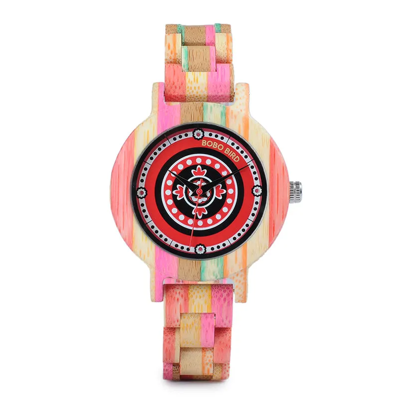 Women's Fashion Print Dial Face Colorful Bamboo Watch in Wood Gift Box