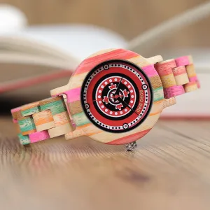 Women's Fashion Print Dial Face Colorful Bamboo Watch in Wood Gift Box