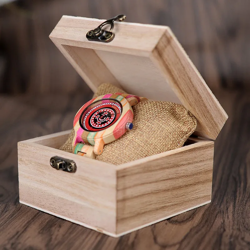 Women's Fashion Print Dial Face Colorful Bamboo Watch in Wood Gift Box