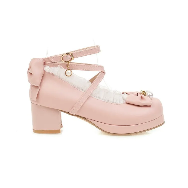 Women's Strappy Chunky Heel Pumps Mary Janes Shoes with Bowtie