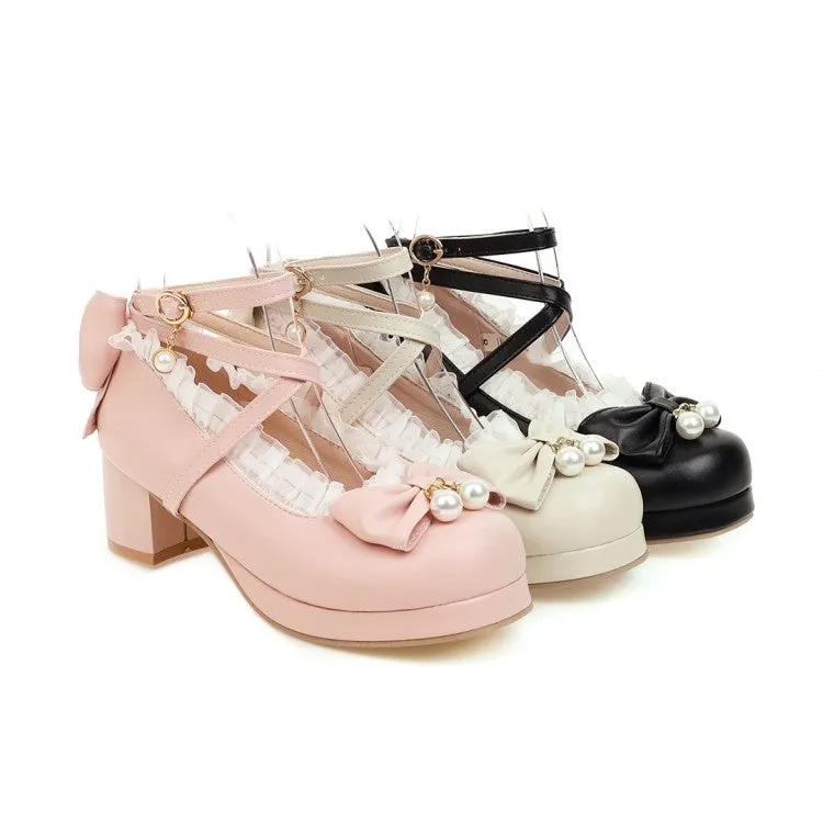 Women's Strappy Chunky Heel Pumps Mary Janes Shoes with Bowtie