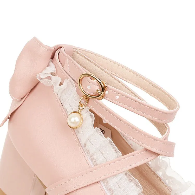 Women's Strappy Chunky Heel Pumps Mary Janes Shoes with Bowtie
