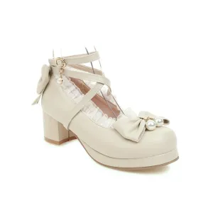 Women's Strappy Chunky Heel Pumps Mary Janes Shoes with Bowtie