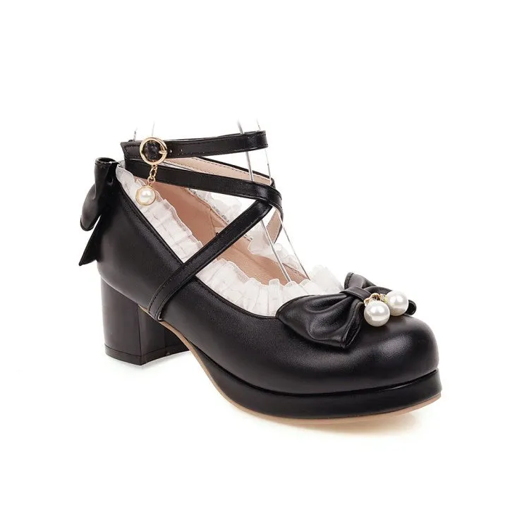 Women's Strappy Chunky Heel Pumps Mary Janes Shoes with Bowtie