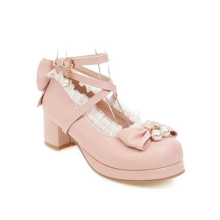 Women's Strappy Chunky Heel Pumps Mary Janes Shoes with Bowtie