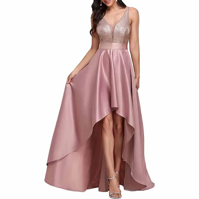 Women's V-Neck A-line High-Low Party Dress Long Evening Dress Bridesmaid Dress