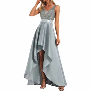 Women's V-Neck A-line High-Low Party Dress Long Evening Dress Bridesmaid Dress