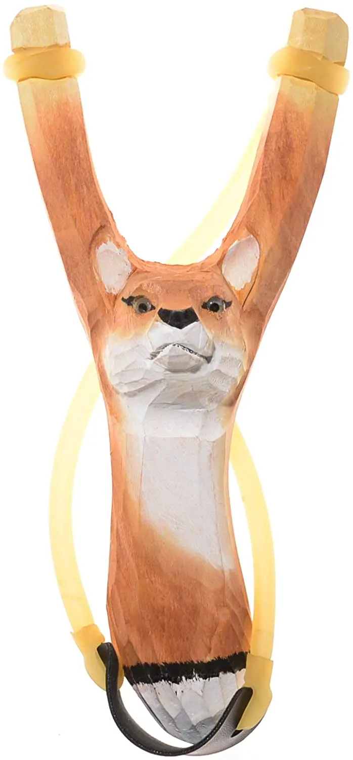 YHMY Children Animal Fox Slingshot Hand-Carved Wooden with Cotton Ammo for Catapult Game Outdoor Hunting Camping Shooting for Kids