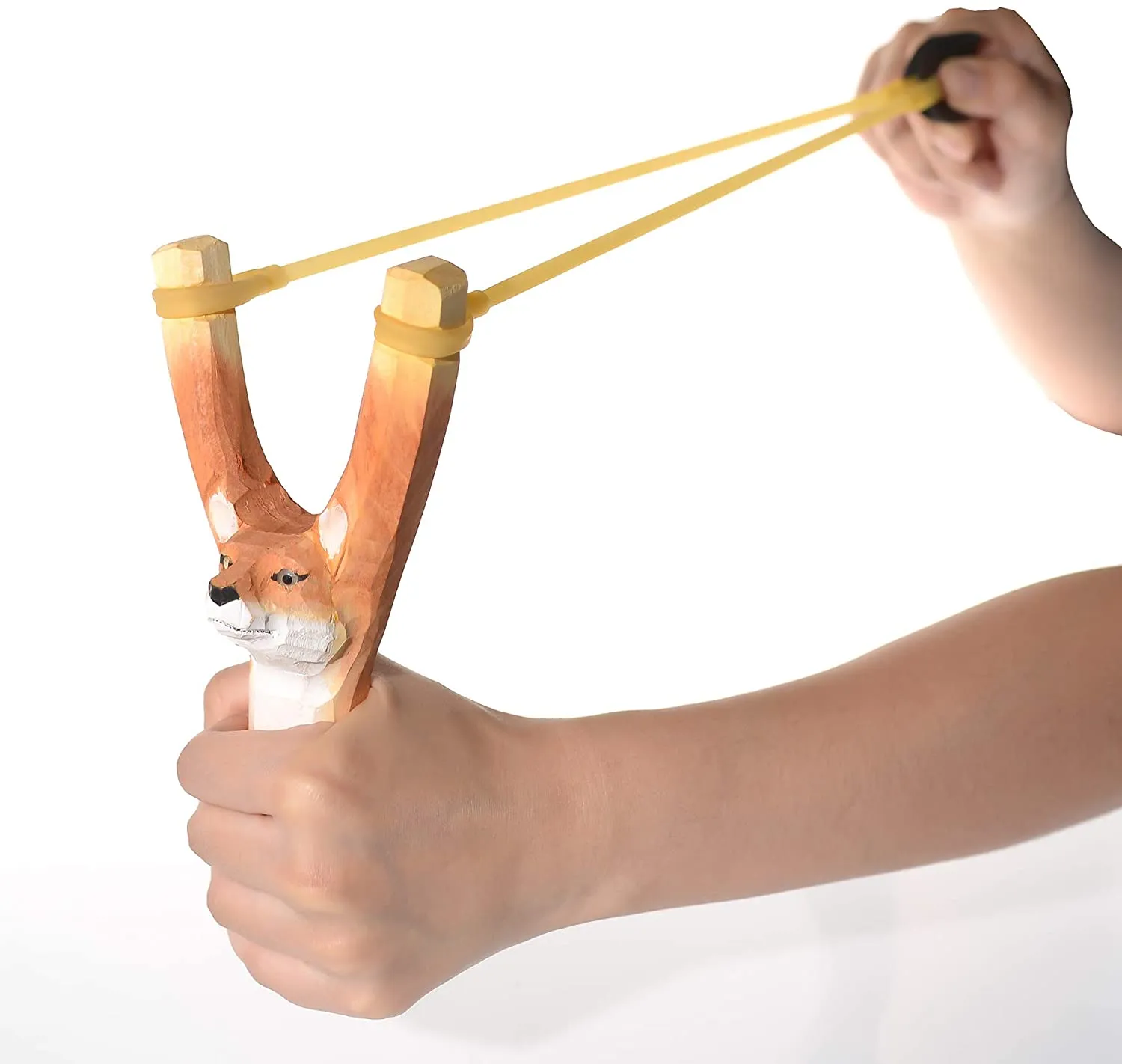 YHMY Children Animal Fox Slingshot Hand-Carved Wooden with Cotton Ammo for Catapult Game Outdoor Hunting Camping Shooting for Kids