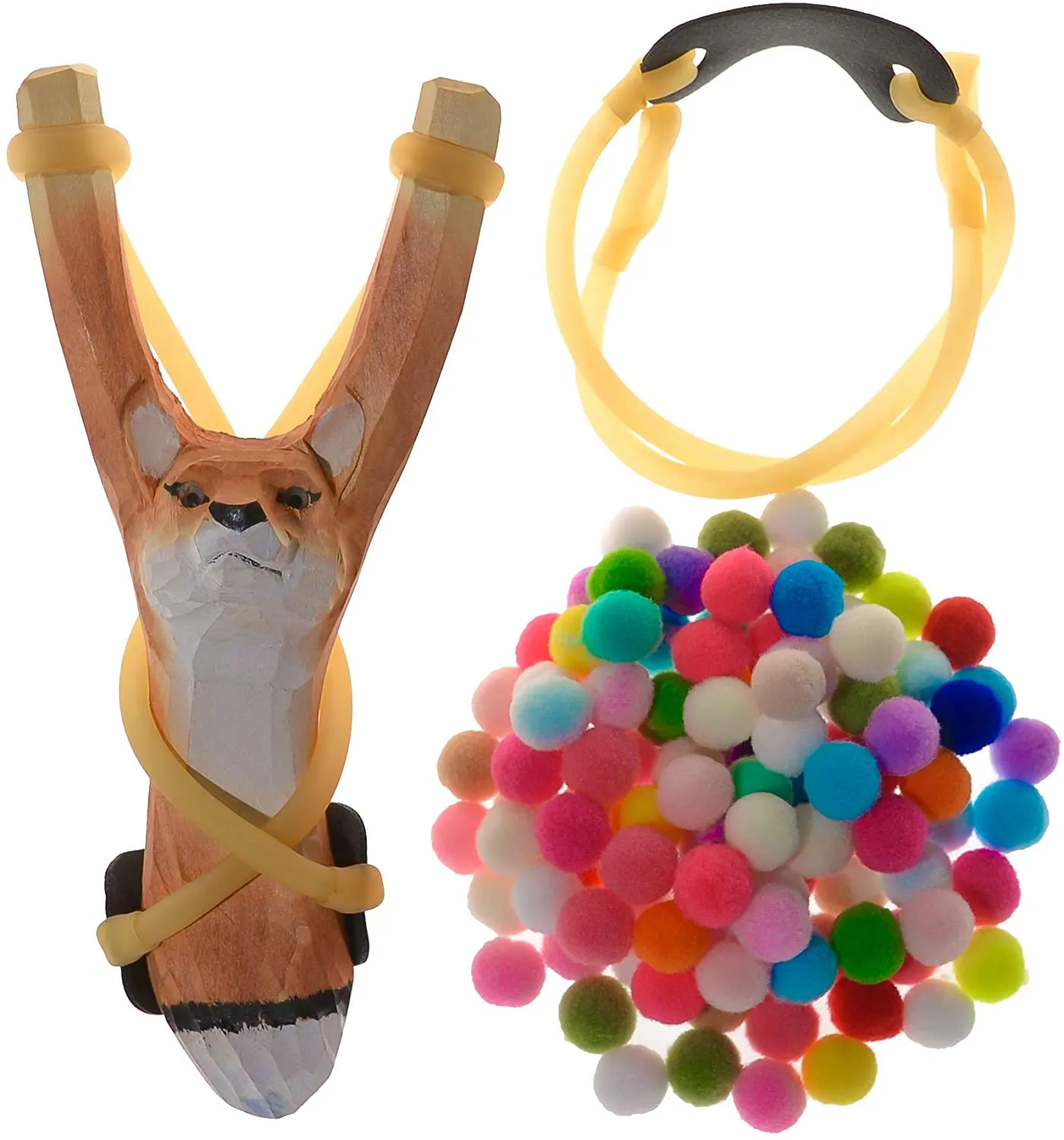 YHMY Children Animal Fox Slingshot Hand-Carved Wooden with Cotton Ammo for Catapult Game Outdoor Hunting Camping Shooting for Kids