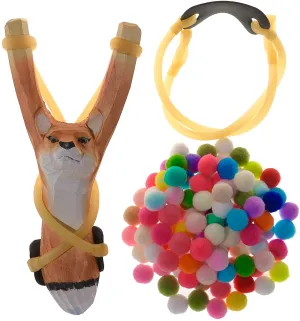 YHMY Children Animal Fox Slingshot Hand-Carved Wooden with Cotton Ammo for Catapult Game Outdoor Hunting Camping Shooting for Kids