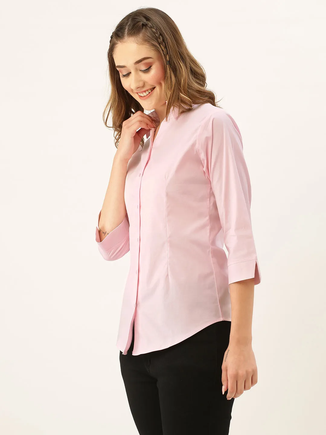 Zola Pink Cotton Shirt Collar 3/4th Sleeves Formal Wear Shirt For Women