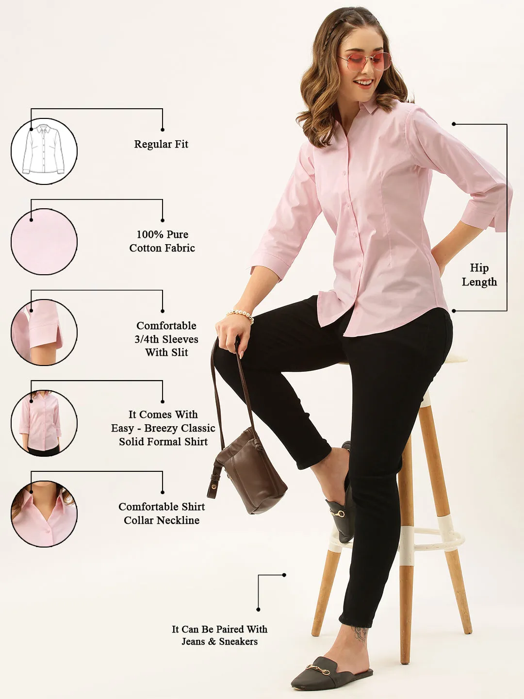 Zola Pink Cotton Shirt Collar 3/4th Sleeves Formal Wear Shirt For Women