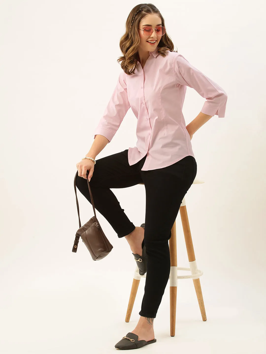 Zola Pink Cotton Shirt Collar 3/4th Sleeves Formal Wear Shirt For Women