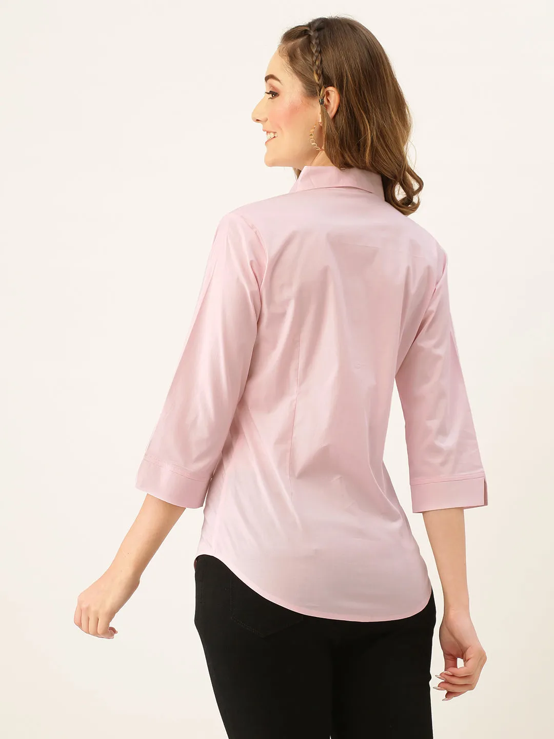 Zola Pink Cotton Shirt Collar 3/4th Sleeves Formal Wear Shirt For Women